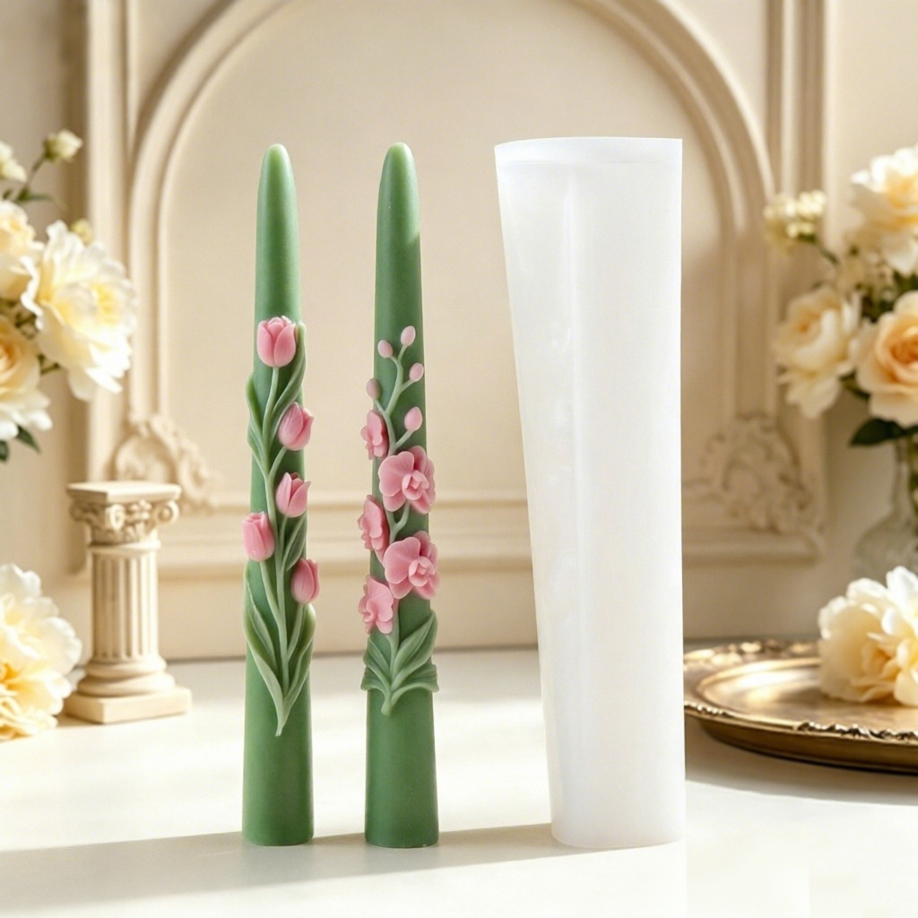 Candle Making Video - ロングポールフラワーテーパーキャンドルシリコンモールド3Dエンボス加工チューリップオーキッド型ソイワックスキャンドル作りホームデコレーションギフト用