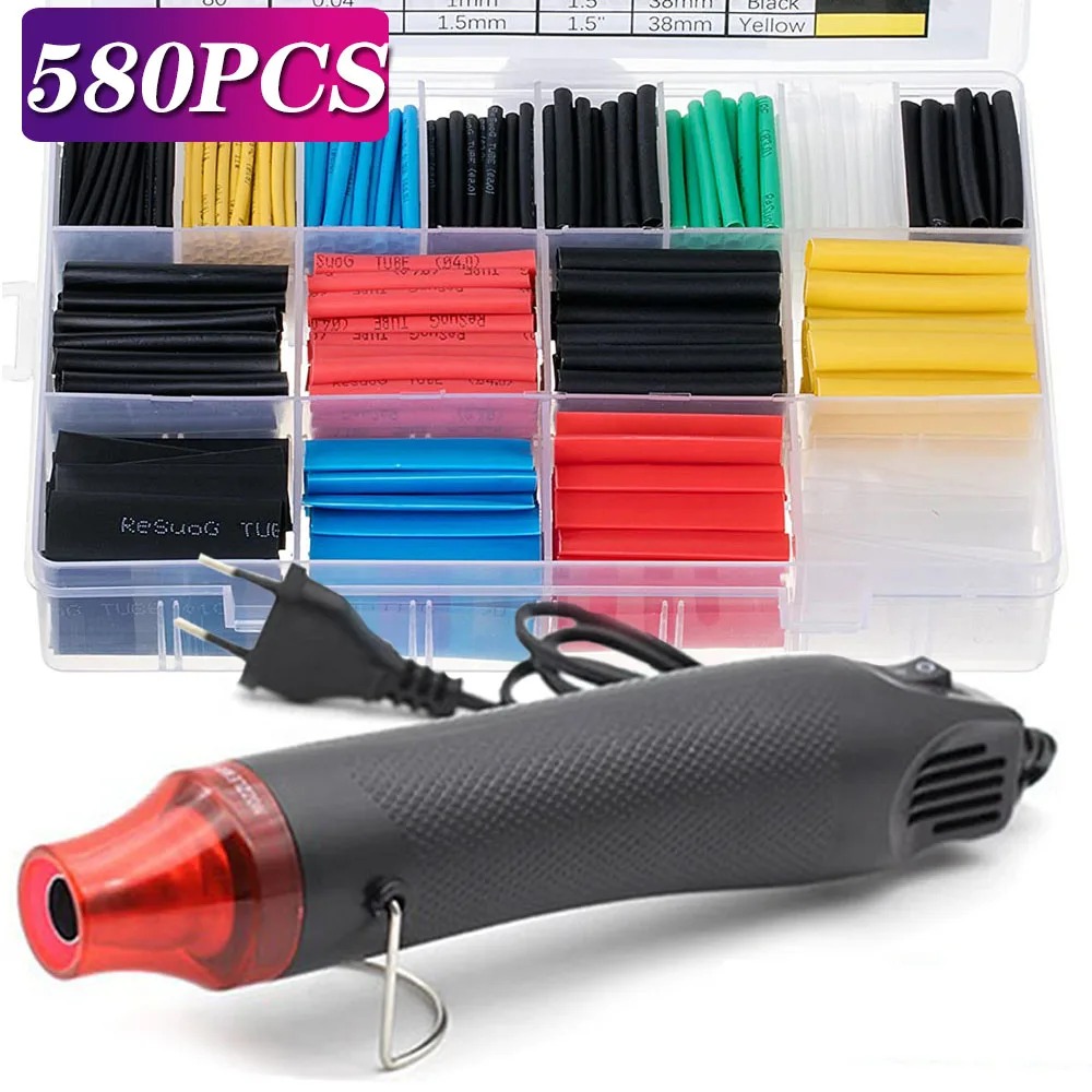 Heat Gun Embossing - 580/530/127個入り熱収縮チューブキット 2:1収縮率 ワイヤー収縮ラップチューブ ワイヤ接続カバー保護 ホットエアガン付き